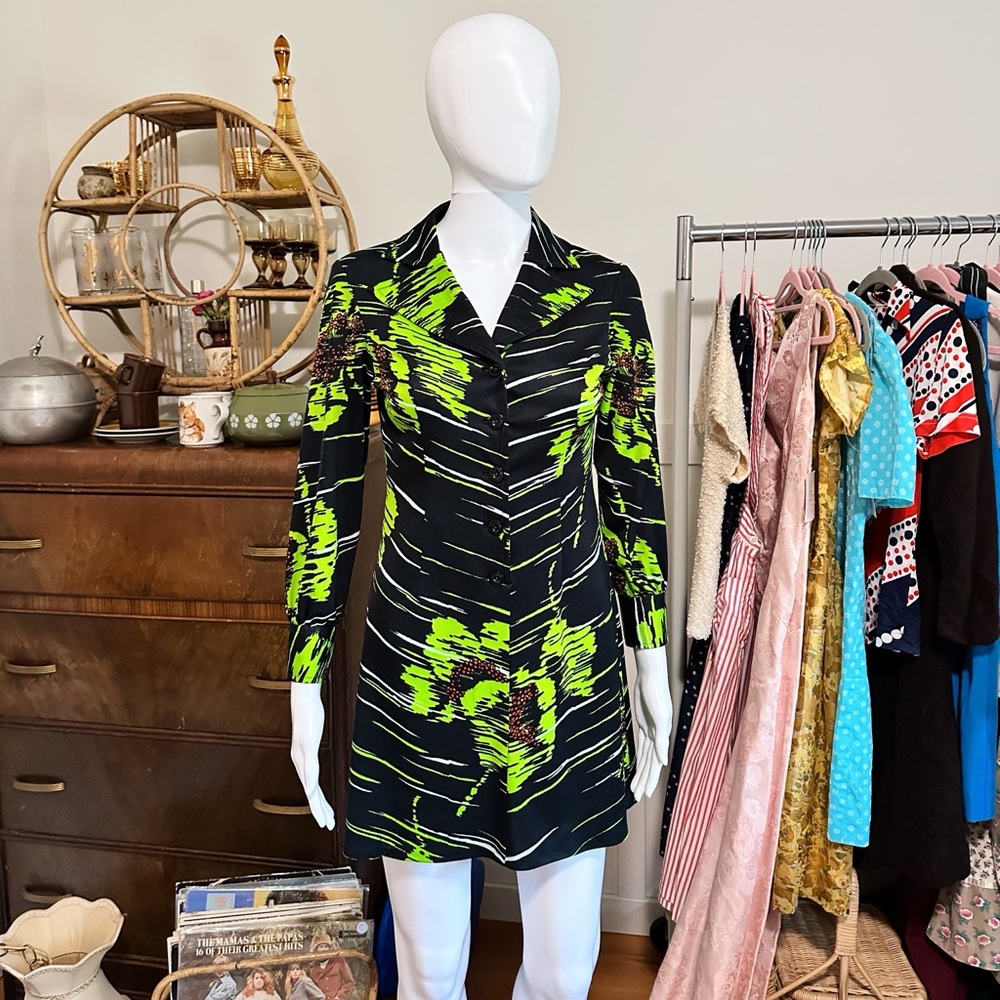 Vintage 60s/70s Psychedelic Neon Mini Dress • Mod Button-Front • Abstract Print